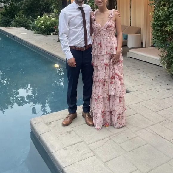 $458 MAC DUGGAL Ruffle Strap Pink Floral Chiffon Gown/Dress (size 4) - Picture 6 of 9